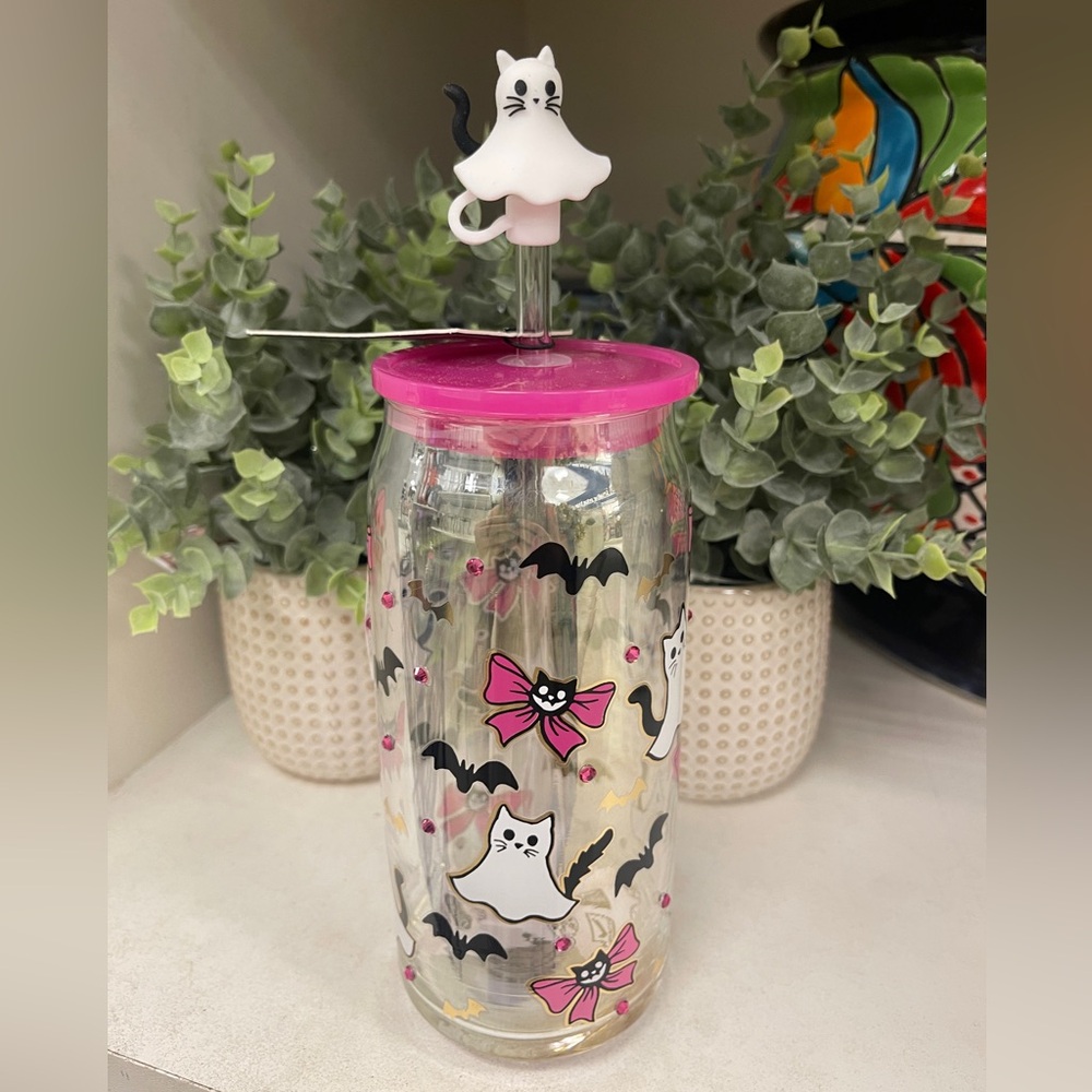 Halloween Black Cat Ghost Cats & Bats Glass Sipper Cup w/Straw Topper & lid, NWT